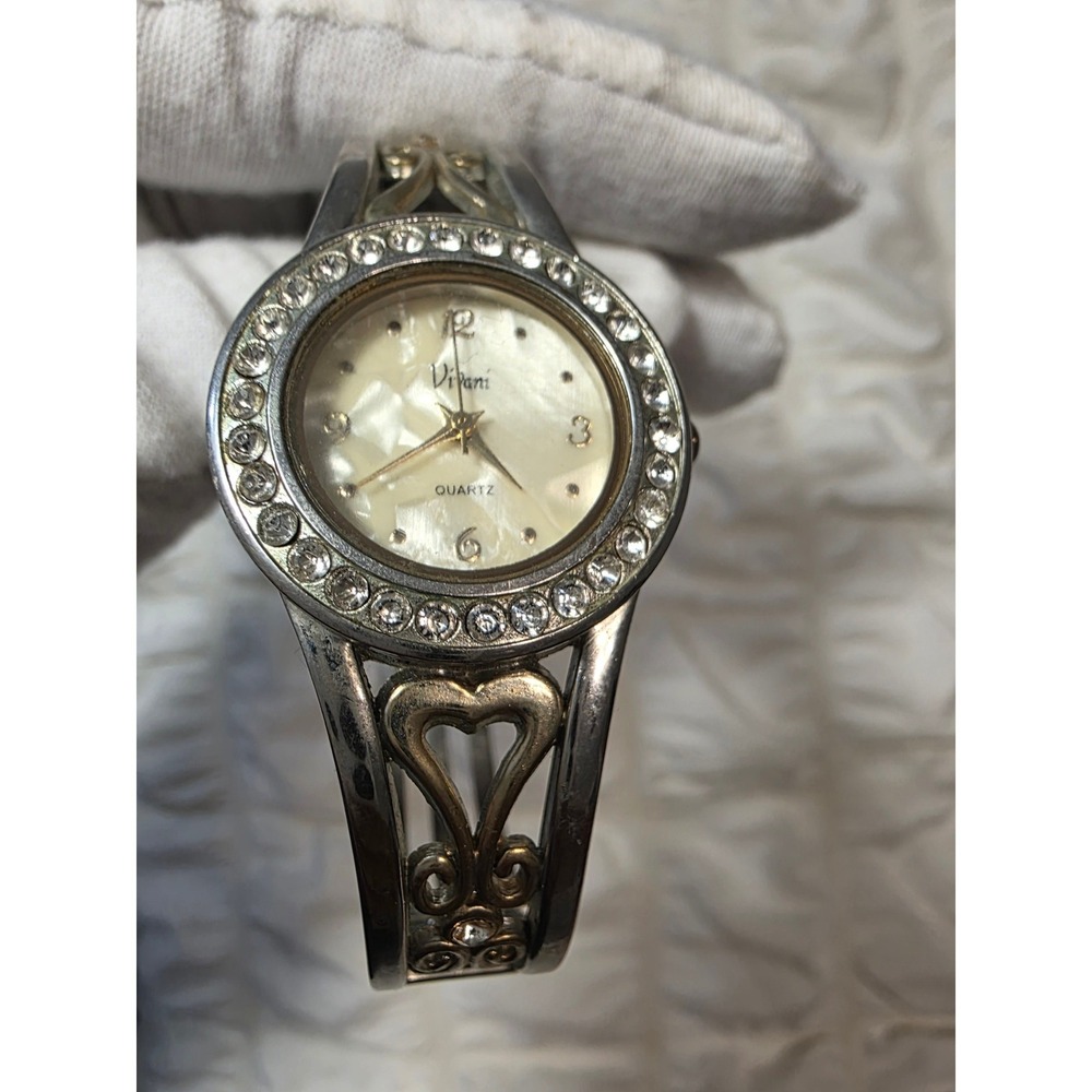 Vivani Bangle Watch Womens OS Silver Gold Good Heart Filigree MOP Dial Crystal